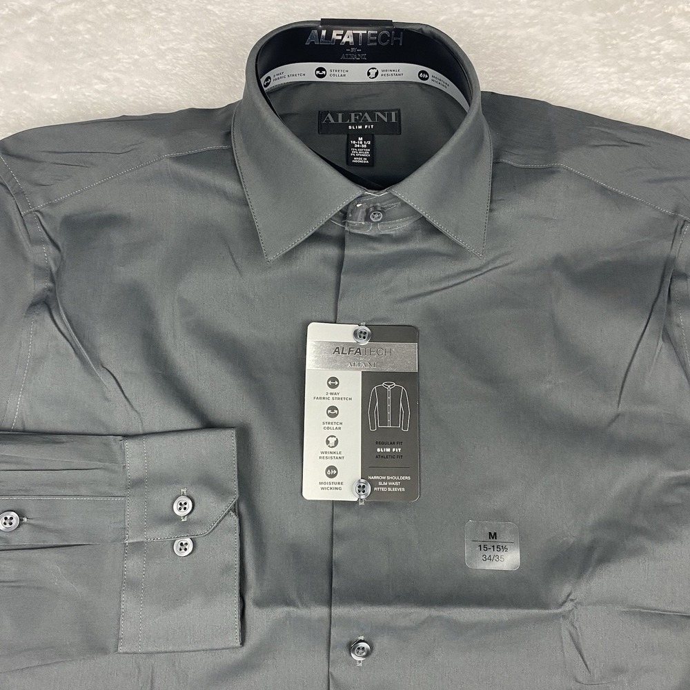 ALFANI Dress Shirt Mens 15.5-34/35 Dark Gray Slim Fit Stretch Wrinkle Free NWT!